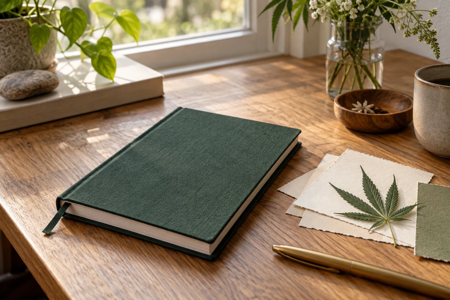 Forest-green notebook and botanical hemp leaf on cream paper beside a window.